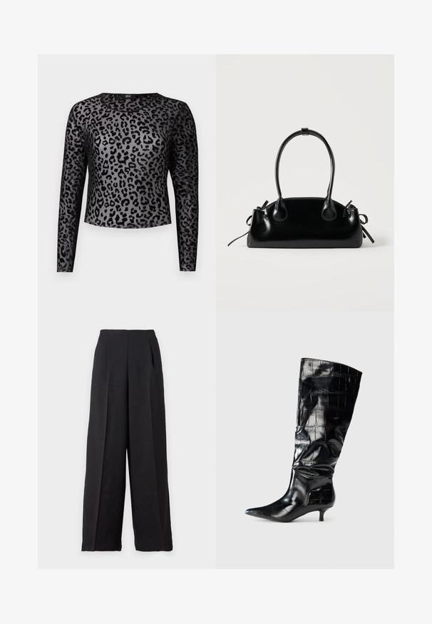T-shirt à manches longues avec un motif léopard noir et gris, fabriqué à partir d'un matériau lisse, avec un col rond et un ourlet cropped.; Pantalons taille haute en tissu fluide, à large jambe, avec des plis à l'avant, offrant un look ajusté et une grande liberté de mouvement.; Bottes noires montantes en matériau croûte embouti brillant, avec un bout pointu et un petit talon kitten. Texture lisse avec des plis doux.; Petit sac à main noir brillant avec deux longues anses et des détails à cordon sur les côtés sur un fond clair uni.