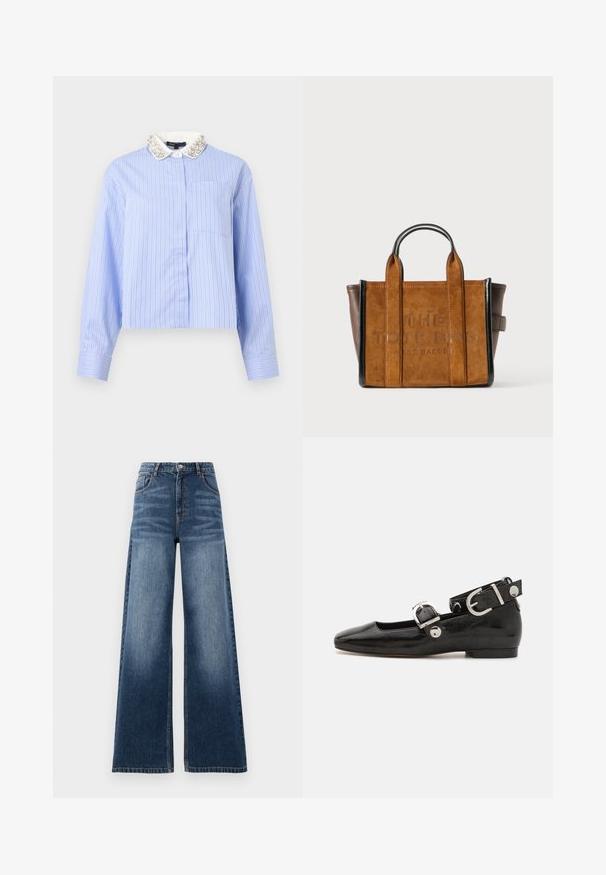 Blouse bleu clair à manches longues avec fines rayures verticales blanches et noires, poche avant et col blanc orné de perles et de bijoux.; Jeans en denim à jambes larges de couleur bleu moyen, avec une taille haute, des dégradés, et un design classique à cinq poches avec des accents cousus.; Ballerine en cuir verni noir avec un bout carré, sangle de cheville avec des détails en métal argenté et semelle plate. Texture lisse avec un design minimaliste.; Sac tote en suède et cuir marron Marc Jacobs avec double poignée et logo en relief au centre avant.