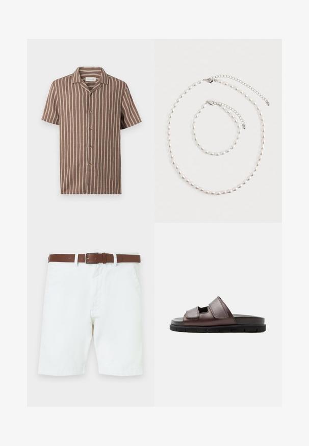 Chemise marron à manches courtes avec boutons et rayures beiges verticales, col camp, posée à plat sur un fond clair.; Shorts en coton blanc avec une ceinture en cuir marron et une boucle en acier. Fermeture à pression et zip, poches latérales et ourlets cousus.; Sandale en cuir marron avec deux brides Velcro ajustables et une semelle noire coussinée sur fond blanc.; Collier de perles et bracelet assorti avec fermoirs en chaîne argentée disposés sur un fond blanc.