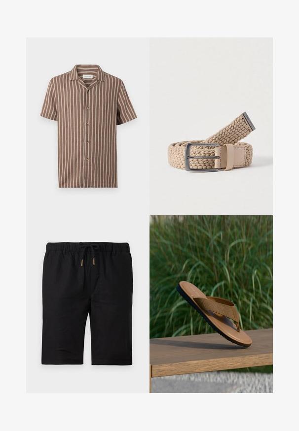 Camisa marrón de manga corta con botones, rayas verticales beige y cuello campestre, extendida sobre un fondo claro.; Pantalones cortos negros hasta la rodilla con cintura elástica, cordón negro con puntas de metal dorado y trabillas para cinturón sobre un fondo blanco.; Sandalia tanga marrón con correa texturizada y suela negra, equilibrada en el borde de un banco de madera, con plantas verdes desenfocadas en el fondo.; Cinturón tejido beige con diseño de correa plana, cuenta con hebilla de metal tono plata y un detalle de cuero con el logo de la marca.