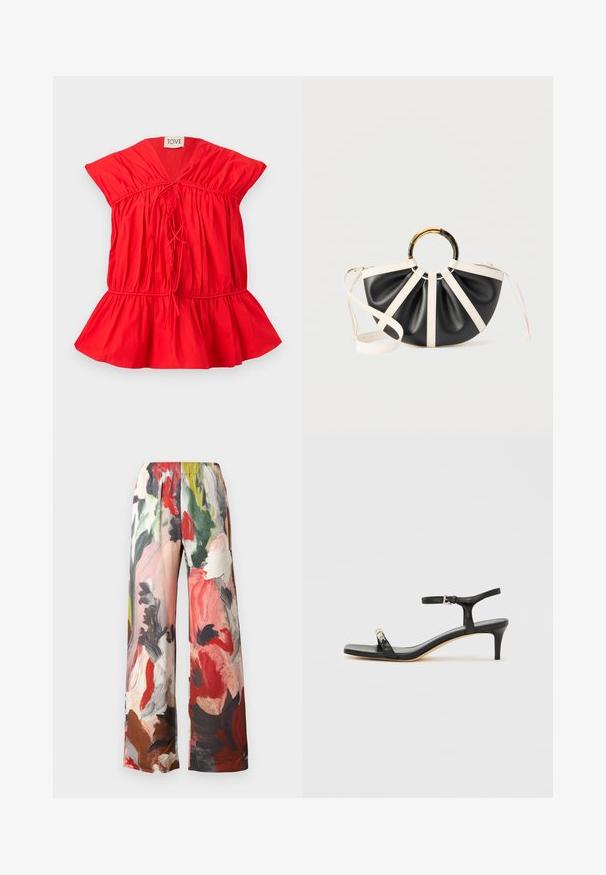 Blouse rouge à manches courtes avec tissu froncé, liens à l'avant et ourlet évasé, étiquetée "TOVE" au niveau de l'encolure.; Pantalon à jambes larges présentant un motif floral multicolore avec des nuances de rouge, vert et marron. Confectionné dans un tissu doux avec une taille élastique.; Sandale noire en cuir à talon avec bride à la cheville, bout ouvert, devant carré et accent en métal argenté. Design ajusté avec un profil élégant.; Sac à main semi-circulaire noir et blanc avec des plis, une anse ronde en écaille de tortue et or, et une bandoulière blanche réglable.