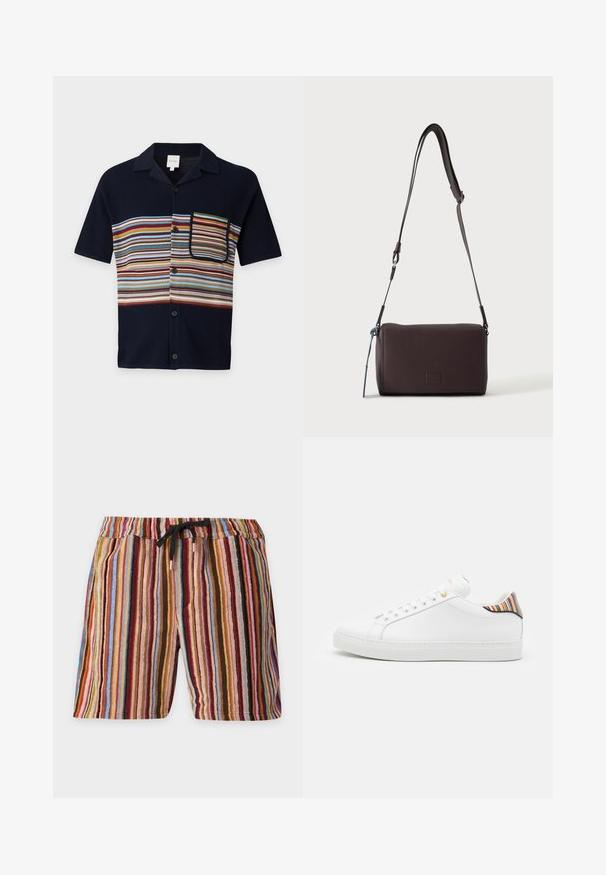 Chemise bleu marine à manches courtes avec boutons, rayures horizontales multicolores sur la poitrine et poche poitrine rayée assortie.; Shorts longueur genou avec des rayures verticales multicolores dans des tons de rouge, bleu, marron et rose, avec une taille élastique et un cordon noir.; Baskets en cuir blanc avec une finition lisse, présentant un accent rayé coloré au niveau du talon, des œillets dorés et une semelle blanche plate.; Sac bandoulière en cuir marron foncé texturé avec une sangle réglable et un petit accent décoratif bleu sur le côté.