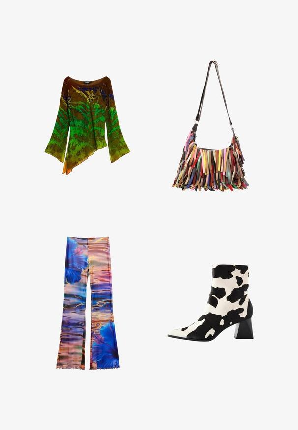Blouse met lange mouwen en asymmetrische zoom in bruin, groen en geel met een botanisch varenspatroon.; Leggings met een levendige print van grote blauwe hibiscusbloemen op een kleurrijk, reflecterend wateroppervlaktepatroon.; Cow-print enkellaars met een textuurafwerking, spitse neus en een chunky zwarte hak. Gemaakt van een zacht materiaal met een uniek patroon.; Schoudertas met lange donkere riem en kleurrijke leren franjestrips die het lichaam bedekken in verschillende tinten en schakeringen.
