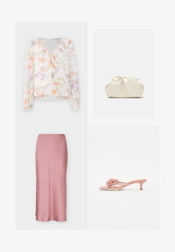 Blusa floral hecha de tejido ligero, con escote en V, frente con volantes, mangas largas y un fondo blanco con flores naranjas y moradas.; Falda midi de satén rosa malva de talle alto con una silueta lisa, ligeramente acampanada y un dobladillo recto.; Chanclas de color rosa claro con un detalle texturizado de flor en la tira y un tacón pequeño. Material suave y diseño abierto.; Bolso de mano de cuero suave de color crema con diseño fruncido y plisado y una delgada correa para el hombro que descansa delante sobre un fondo liso.
