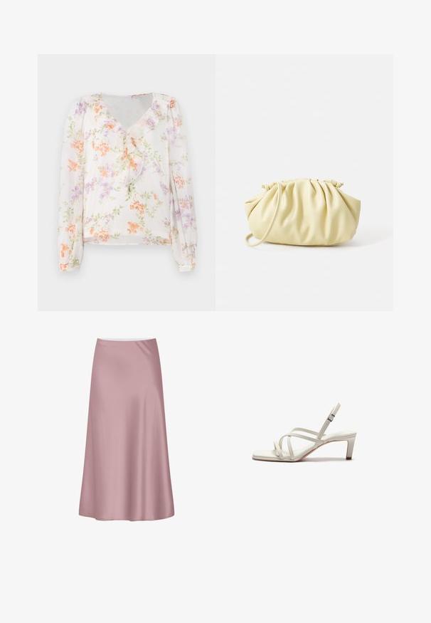 Blumenbluse aus leichtem Stoff, mit V-Ausschnitt, Rüscheneinsatz vorne, langen Ärmeln und einem weißen Hintergrund mit orangefarbenen und lila Blumen.; Sanfter rosa Satin-Midirock mit A-Linien-Silhouette und glattem, fließendem Stoff.; Zign Pumps - off white; Gelbe, gefaltete Handtasche aus glattem Kunstleder mit weicher Form, einzigem Schulterriemen und gerafftem Oberteil.