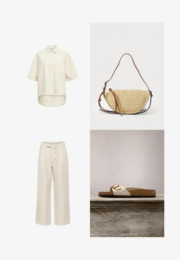 Camisa de manga corta color crema con botones, con finas rayas negras verticales, bolsillo frontal en el pecho y dobladillo ligeramente curvado.; Pantalones de lino beige de pierna ancha con cinturilla de cordón y pliegues frontales, con una textura suave y corte a la altura del tobillo.; Chancla con una parte superior metálica ligera, plantilla de corcho y suela de goma texturizada en marrón. Detalle de hebilla con acento de logo.; Bolso de paja tejido con forma de media luna, que cuenta con una correa y acentos de cuero marrón. Textura de color natural con bordes suaves.