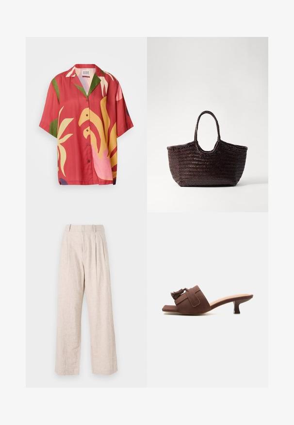 Chemise à manches courtes, à boutons, de couleur rouille avec de grands motifs floraux abstraits en jaune, vert et rose. Texture de tissu lisse.; Pantalon en lin beige clair à coupe ample, avec des plis devant et une jambe droite. Style minimaliste et tissu texturé.; Mule en daim marron avec talon kitten de hauteur moyenne, bout carré, et détail de pompon sur la large sangle traversant le pied.; Sac fourre-tout tissé marron avec un sommet arrondi et deux poignées. Présente un motif texturé avec une structure large et ouverte pour un accès facile.
