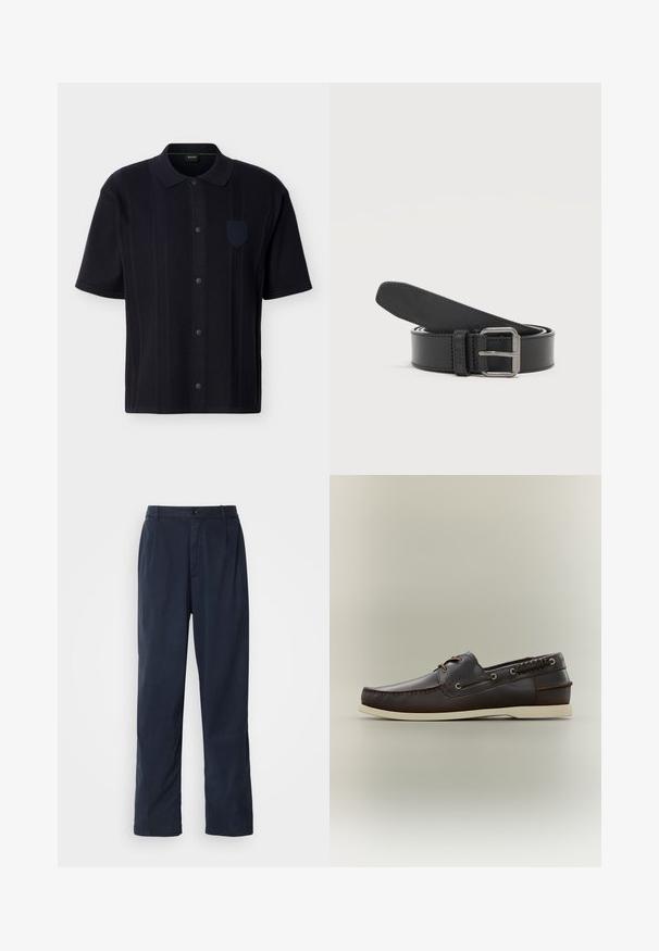 Chemise noire à manches courtes avec des rayures verticales texturées, un col et un petit badge sur la poitrine côté gauche.; Pantalon bleu marine en mélange de coton. Présente une coupe droite, une fermeture à bouton sur le devant et de légères plis. Texture douce.; Chaussure bateau en cuir marron foncé avec semelle blanche, couture moc toe, œillets pour lacets et laçage décoratif sur le côté, sur un fond neutre.; Ceinture en cuir noire enroulée avec une boucle rectangulaire en métal argenté sur un fond clair uni.