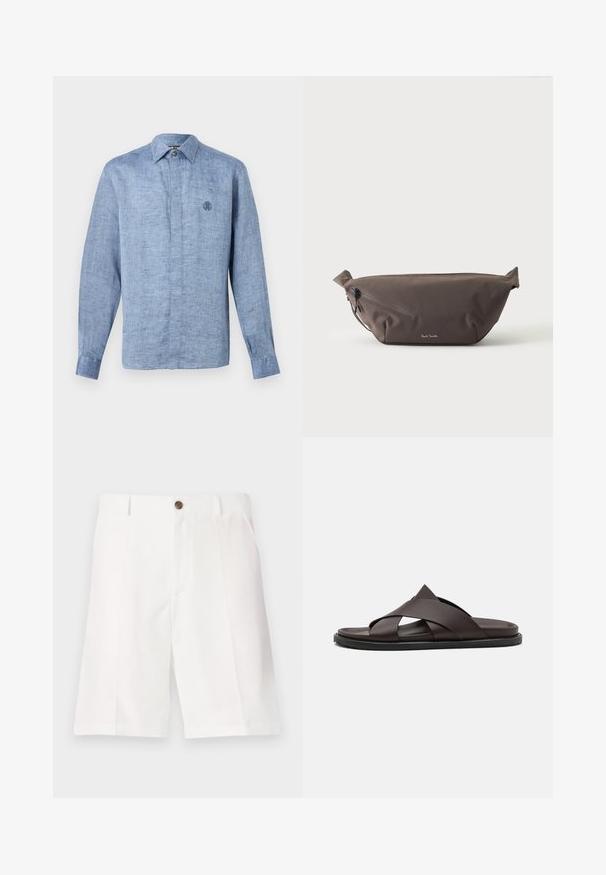 Hellblaues Leinenhemd mit langen Ärmeln, spitzem Kragen und dezentem, auf der linken Brust eingesticktem Logo.; Weiße Bermuda-Shorts aus leichtem Stoff mit lockerer Passform, ausgestattet mit einem braunen Knopf und vorderen Taschen.; Stuart Weitzman BERKLEY - Pantolette flach - espresso; Dunkelbraune Stoff-Gürteltasche mit diagonalem Reißverschlussfach und kleinem weißen Logo vorne, vor einem einfarbigen hellen Hintergrund.