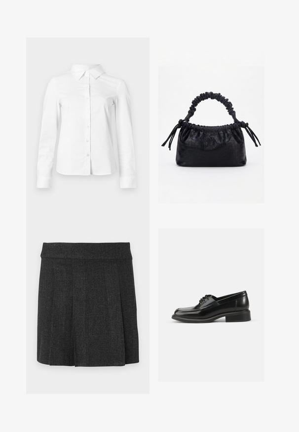 Chemise blanche à manches longues avec boutons, col pointu, ourlet droit et silhouette ajustée, présentée sur un fond clair uni.; Jupe noire plissée en tissu texturé. Ceinture mi-haute avec des lignes épurées. Coupe classique adaptée à diverses occasions.; Chaussure habillée en cuir noir avec une texture lisse, bout rond, laçage à deux œillets et un talon carré solide. Design simple sans motifs.; Sac à main noir avec texture crocodile, bord supérieur froncé, poignée plissée et pompons à cordon de chaque côté sur fond blanc.