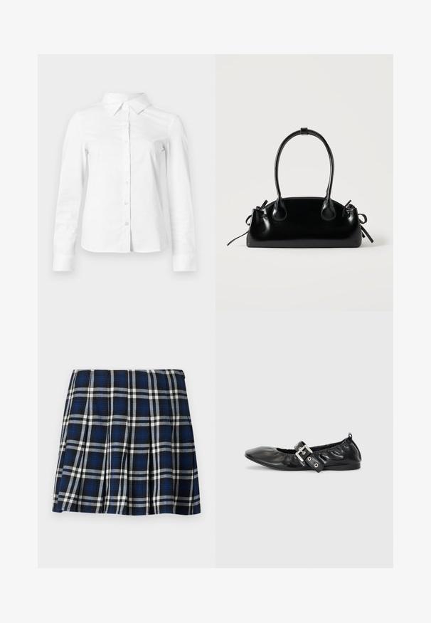 Camisa blanca de manga larga con botones, cuello puntiagudo, bajo recto y silueta ajustada, presentada sobre un fondo claro y liso.; Falda corta de cuadros en colores azul marino, negro y blanco. Con pliegues y una textura suave. Cierre de cremallera en el lateral.; Zapato plano de piel negra con puntera afilada, detalle fruncido alrededor de la abertura y un acento de hebilla plateada en la correa ajustable.; Pequeño bolso negro brillante con dos asas largas y detalles de cordón lateral sobre un fondo claro liso.