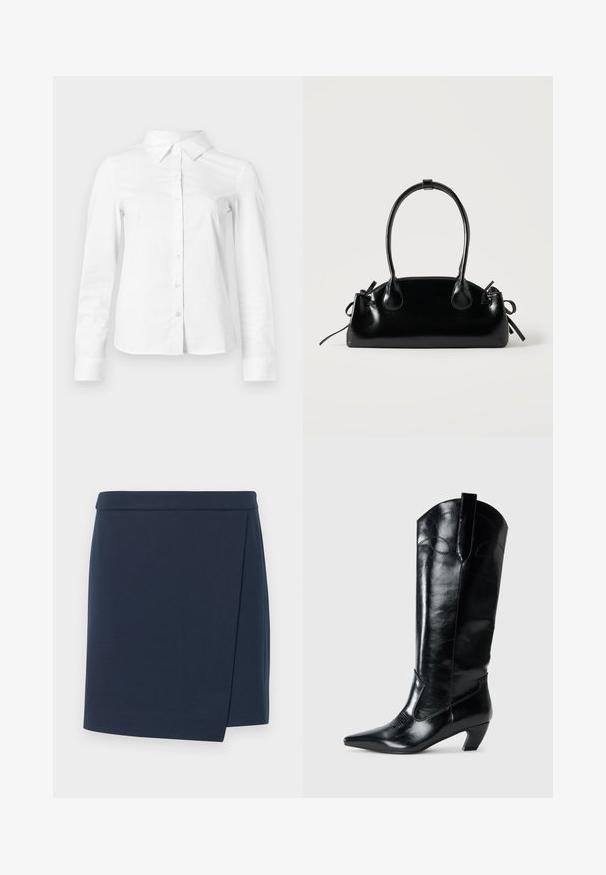 Chemise blanche à manches longues avec boutons, col pointu, ourlet droit et silhouette ajustée, présentée sur un fond clair uni.; Jupe portefeuille bleu marine avec une texture lisse, présentant une coupe droite et un léger chevauchement latéral, conçue pour une silhouette ajustée.; Bottes en cuir noir montantes jusqu'au genou, avec une pointe effilée, un talon bas, et des détails de couture décoratifs sur les côtés. Fini lisse et brillant.; Petit sac à main noir brillant avec deux longues anses et des détails à cordon sur les côtés sur un fond clair uni.
