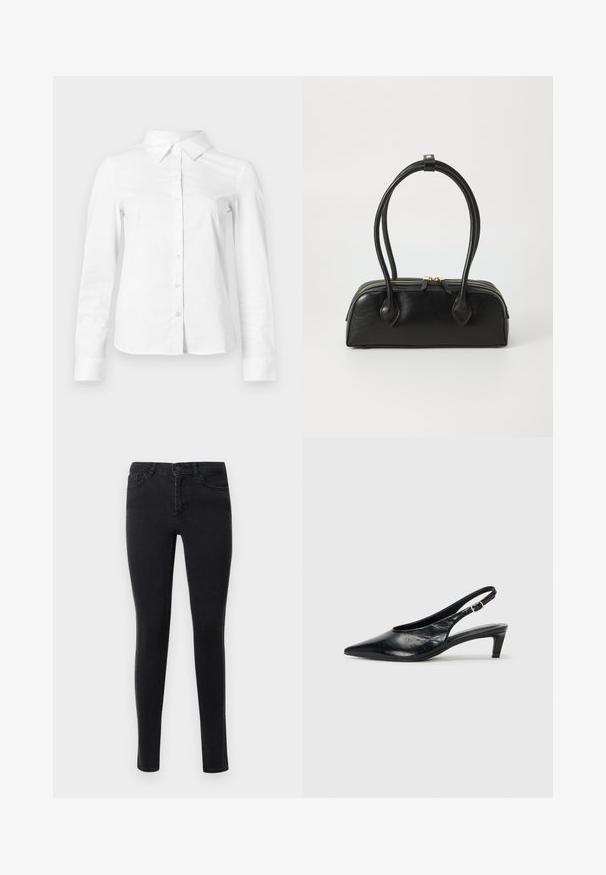 Hvid skjorte med lange ærmer, knapper, spids krave, lige kant og tætsiddende silhuet, vist på en ensartet lys baggrund.; Sorte skinny jeans lavet af denim med en glat tekstur. Har forlommer og dekorativ syning langs sidesømmene.; Sort læder slingback hæl med spidse tæer, lav kitten hæl og justerbar spænde-bånd. Glat tekstur med minimal dekor.; Sort læder håndtaske med to langstrakte håndtag, lynlåslukning og afrundet form; glat tekstur med en subtil blank finish.