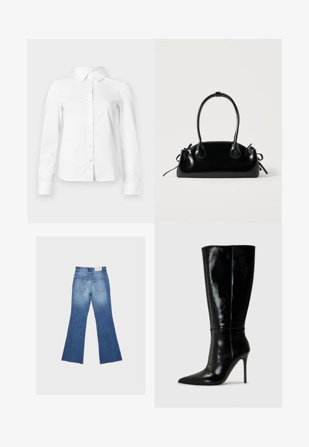 Chemise blanche à manches longues avec boutons, col pointu, ourlet droit et silhouette ajustée, présentée sur un fond clair uni.; Jean en denim bleu avec jambes évasées et deux poches arrière, présenté à plat sur un fond gris clair.; Bottes noires en cuir, hautes jusqu'au genou, avec un bout pointu et un talon aiguille haut. Texture lisse et design épuré, avec un minimum de détails.; Petit sac à main noir brillant avec deux longues anses et des détails à cordon sur les côtés sur un fond clair uni.
