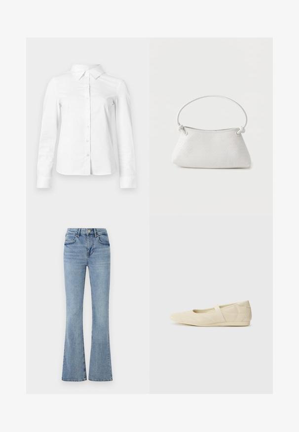 Witte blouse met lange mouwen en knopen, met puntige kraag, rechte zoom en aansluitende silhouet, weergegeven op een effen lichte achtergrond.; Lichtblauwe denim jeans met een hoge taille, een knoop- en ritsluiting aan de voorkant, vijf zakken en licht uitlopende pijpen.; Beige ballerina's met een gladde leren buitenkant, amandelvormige punt en elastische band over de wreef, met subtiele stiksels.; Witte handtas van gevlochten leer met een afgeronde handgreep en uiteinden van de band die geknoopt zijn, afgebeeld tegen een effen achtergrond.