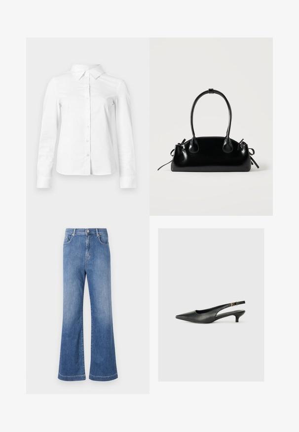 Chemise blanche à manches longues avec boutons, col pointu, ourlet droit et silhouette ajustée, présentée sur un fond clair uni.; Jeans en denim bleu clair évasés avec une taille haute, cinq poches et un léger dégradé. Hems cousus et fermeture à bouton standard.; Chaussure slingback noire à bout pointu en cuir lisse. Présente un talon fin et un détail de boucle sur la sangle réglable.; Petit sac à main noir brillant avec deux longues anses et des détails à cordon sur les côtés sur un fond clair uni.
