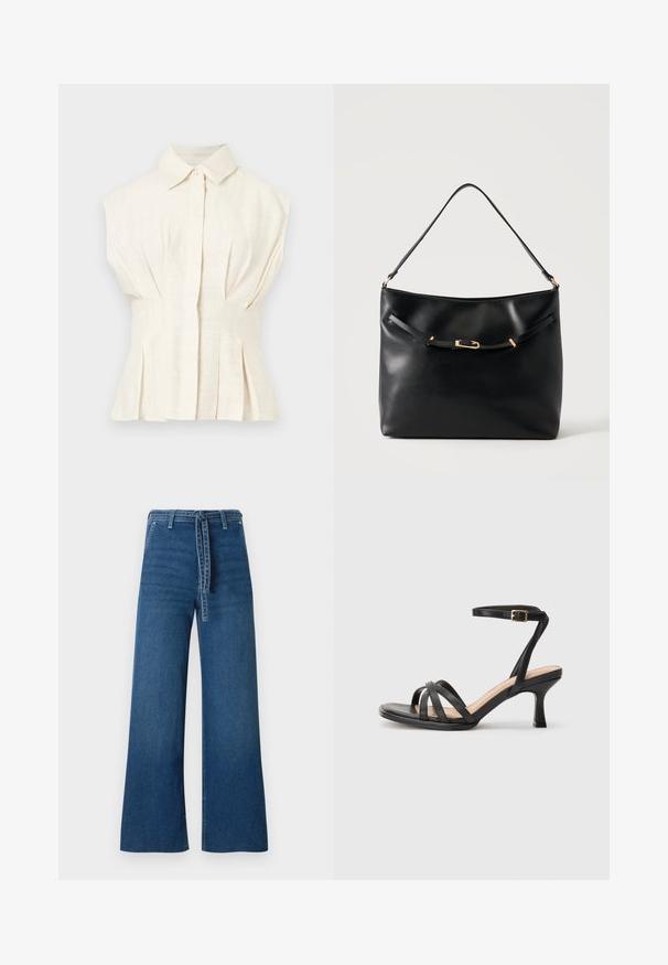Mouwloze, crèmekleurige blouse met een kraag, een voorpand met knopen en geplooide details bij de taille en zoom.; TOM TAILOR DENIM TTMIJA CULOTTE FIT - Flared Jeans - used mid stone blue denim; Zwarte sandalen met hakken, voorzien van meerdere dunne banden over de tenen, een enkele enkelband met een gouden gesp en een vierkante neus.; Zwarte leren schoudertas met een enkele band en een klein gouden gespsdetail aan de voorkant tegen een effen lichte achtergrond.