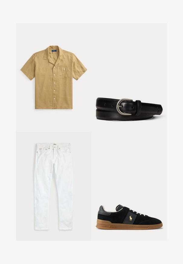 Beige linnen overhemd met korte mouwen en knopen, borstzak en wit geborduurd logo op een witte achtergrond.; Witte slim-fit jeans met vijf zakken, knoopsluiting en riemlussen, plat gelegd op een effen lichte achtergrond.; Zwarte lage sneaker met witte veters, bruine rubberen zool en gouden Polo-logo aan de zijkant en op het hielstukje.; Zwarte leren riem met zilverkleurige ovale gesp, gestikte randen en een gegraveerd klein logo nabij de spitse punt, opgerold liggend op een witte achtergrond.