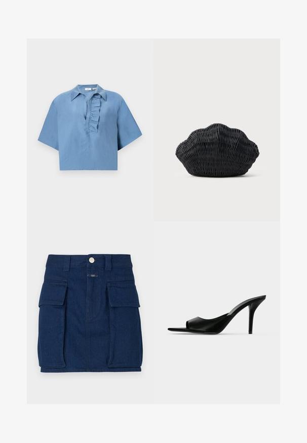 Camisa de manga corta, azul, hecha de una tela suave, con cuello abotonado y una tapeta rizada en el frente. Diseño corto.; Minifalda de mezclilla azul oscura con dos grandes bolsillos frontales, cierre de botón metálico y corte recto. Tejido ligeramente texturizado.; Mule de piel negra con punta abierta y tacón alto de aguja fino, mostrado de perfil sobre un fondo liso.; Bolso de mimbre negro con forma de concha de vieira con parte superior curva y textura tejida sobre un fondo liso.