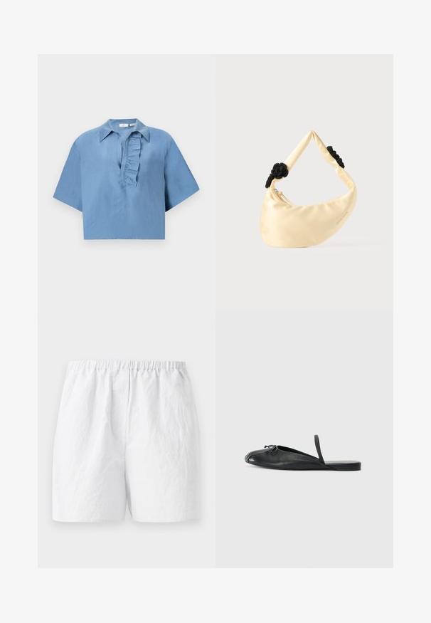 Kortærmet, blå skjorte lavet af glat stof, med knap- down krave og en flæseplade langs fronten. Afkortet design.; Hvide shorts med elastisk talje, fremstillet i et tekstureret stof med en afslappet pasform. Enkel design, ingen mønstre eller udsmykninger.; Sort læderskklæde med rund tå, sideskæringer og en tynd strop ved hælen. Glat tekstur med et minimalistisk design.; Skuldertaske i cremefarvet satin med to sorte flettede knuder på remmen og en synlig lynlåslukning.