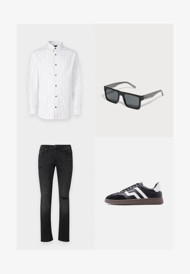 Hvid langærmet skjorte med smalle lodrette striber i rød og blå, knaplukning, spidse kraver og sorte knapper.; Sorte denimjeans med slim fit, med synlige slidte områder ved knæene, fem lommer og en standard knap- og lynlåslukning.; Sorte sneakers med ruskind og syntetisk materiale, hvide diagonale striber og en brun tekstureret sål. Har snøredesign og polstret krave.; HUGO Solbriller - black