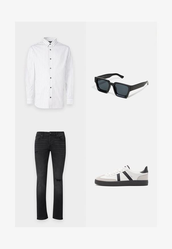 Chemise blanche à manches longues avec des rayures verticales étroites en rouge et bleu, à boutons, col pointu et boutons noirs.; Jeans en denim noir avec une coupe slim, présentant des zones déchirées visibles au niveau des genoux, cinq poches, ainsi qu'une fermeture standard à bouton et à glissière.; Baskets blanches avec des accents noirs et gris, présentant un embout texturé gris, une semelle en caoutchouc noir et des lacets plats blancs. Design épuré, style minimaliste.; Lunettes de soleil rectangulaires noires avec des verres foncés. Monture en plastique épaisse et lisse avec une finition légèrement brillante et des branches droites.