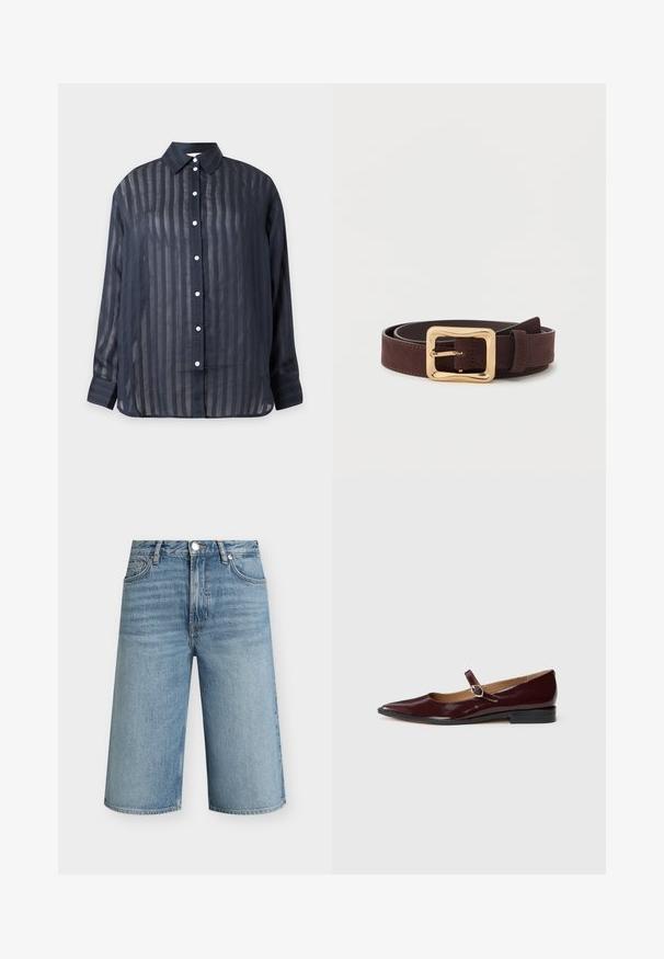 Chemise transparente bleu marine foncé à boutons, rayures verticales, manches longues et col pointu, présentée sur un fond uni.; Shorts en denim bleu clair longueur genou avec fermeture avant à bouton et zip, passants de ceinture et poches avant, présentés sur un fond uni.; Ballerines en cuir verni bordeaux de type Mary Jane avec un bout pointu, un talon plat et une sangle décorative avec une boucle circulaire.; Ceinture en cuir marron foncé avec une large boucle carrée dorée, enroulée à plat sur une surface blanche.
