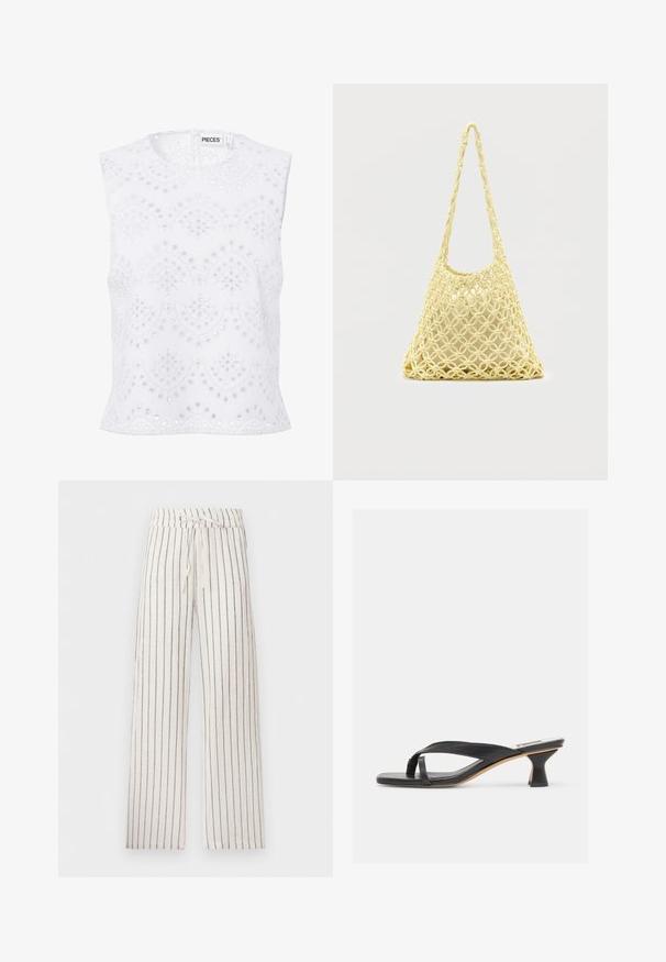 Blouse blanche sans manches avec encolure ronde, broderie anglaise et motifs festonnés, présentée sur un fond uni.; Pantalon blanc à jambes larges avec fines rayures verticales noires et taille à cordon.; Sandale à talon en cuir noir avec lanière en forme de tongs et talon kitten incurvé unique sur fond neutre.; Sac en filet macramé jaune avec longue bandoulière et pochette beige à l'intérieur, présenté sur un fond blanc uni.