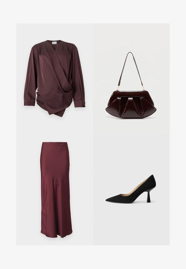 Blusa cruzada de manga larga de color marrón oscuro con escote en V y detalle drapeado en la parte delantera sobre un fondo blanco.; Falda maxi de satén burdeos con cintura ajustada y dobladillo acampanado, que presenta una textura suave y sin patrones ni adornos visibles.; Zapato de tacón alto de ante negro con punta afilada, que cuenta con un tacón de bloque negro brillante y un forro interior suave.; Bolso de cuero marrón oscuro con pliegues fruncidos, herrajes dorados y una correa de hombro única sobre un fondo claro y liso.