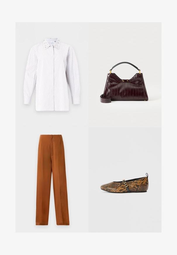 Camisa blanca de manga larga con botones, con delgadas rayas verticales grises y detalles decorativos en el cuello, exhibida sobre un fondo liso.; Pantalones de pierna ancha en un color marrón cálido, con una textura suave, cintura alta y costuras en blanco que contrastan a lo largo de las costuras.; Bailarina en patrón de piel sintética de serpiente con tonos marrones y negros. Cuenta con una correa negra y un detalle de herrajes dorados. Textura suave.; Bolso de mano de cuero burdeos oscuro con patrón texturizado, asa superior negra, herrajes dorados y correa de hombro desmontable sobre fondo blanco.