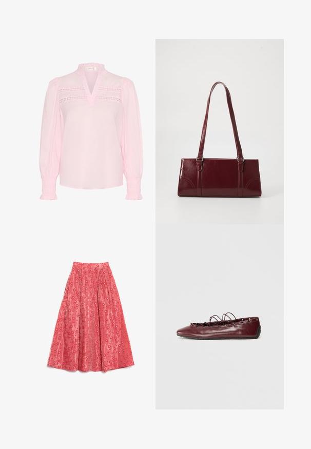 Lichtroze blouse met een ruches kraag, uitgesneden halslijn en ingewikkelde oogjesdetails op de borst; lange pofmouwen met smock manchetten.; Vloeiende koraalkleurige maxirok van textuurstof, met een bloempatroon en kleine witte accenten, en plooien voor volume.; Bordeaux leren ballerina's met een spitse neus, kantdetails aan de voorkant en zilveren oogjes. Zachte zool voor flexibiliteit en comfort.; Bourgondische handtas van glanzend materiaal, rechthoekige vorm, met twee schouderbanden en subtiele gebogen accenten aan de voorkant.