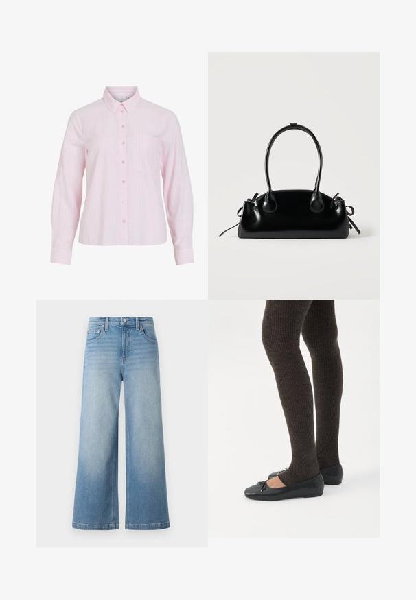 Lyserød langærmet skjorte med lodrette hvide striber, knaplukning foran, krave og en venstre brystlomme. Glat bomuldsstof.; Lyseblå denim bredbenede jeans med høj talje, fem-lomme design, synlig syning og knappelukning foran.; Ben iført mørke ribbede leggings kombineret med sorte balletsko med små sløjfedetaljer på hvid baggrund.; Lille sort blank håndtaske med to lange håndtag og snøre-detaljer i siden på en ensfarvet lys baggrund.