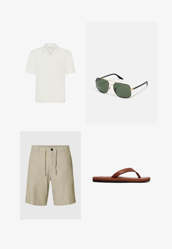 Weißes kurzärmeliges Hemd mit Knöpfen und Camp-Kragen, dargestellt auf weißem Hintergrund.; Beige Leinenkurze mit verstellbarem Bund, Knopfverschluss und strukturiertem Stoff. Mit seitlichen Taschen und einem entspannten Schnitt.; Braune Lederflip-Flops mit einem strukturierten Riemen, einer gepolsterten Innensohle und einer schwarzen Gummisohle. Seitenansicht, die das schlanke Design hervorhebt.; Goldfarbene Sonnenbrille mit grünen Gläsern, rechteckiger Form, schwarzen Kunststoffbügeln und einem zweifarbigen Design. Verfügt über Nasenpads für zusätzlichen Komfort.