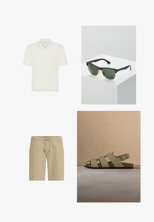 Chemise blanche à manches courtes avec boutons et col style camp, présentée sur un fond blanc uni.; Shorts beiges en tissu doux, dotés d'une taille élastique avec cordon de serrage et de poches latérales, conçus avec une coupe droite.; Sandale en daim beige avec trois bandes, boucle, semelle en liège, semelle extérieure noire, flottant au-dessus d'un tapis beige tissé, table basse en bois et canapé en arrière-plan.; Lunettes de soleil Ray-Ban avec des verres verts, monture en plastique noir et accents dorés sur les bords. Forme carrée avec une finition mate.