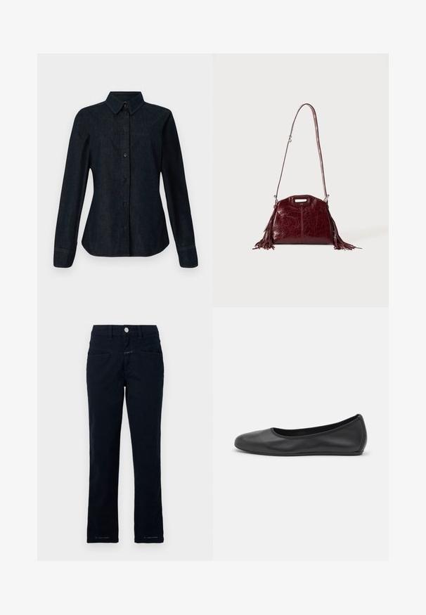 CLOSED SEAMING SHIRT - Overhemdblouse - dark blue; Navy blauwe broek gemaakt van stretchkatoen met een recht model, voorzakken en een knoopsluiting bij de taille.; Zwarte leren ballerina met een ronde neus, gladde textuur, minimale stikdetails en een flexibele zoolontwerp.; Donkerrode leren schoudertas met franjes en verstelbare riem met zilveren gesp tegen een effen lichte achtergrond.