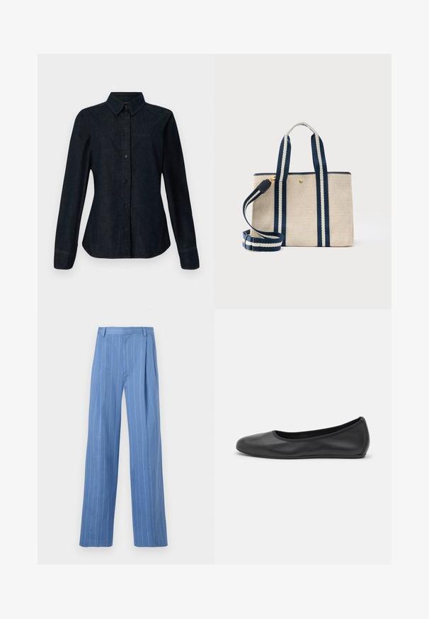 CLOSED SEAMING SHIRT - Blúzka so zapínaním na gombíky - dark blue; Svetlomodré široké nohavice s vertikálnymi bielymi pruhmi. Vyrobené z hladkého materiálu, s predným záhybom a jednoduchým dizajnom pásu.; Čierne kožené baleríny s okrúhlou špičkou, hladkým povrchom, minimálnym prešívaním a flexibilným dizajnom podrážky.; Béžová textilná taška s rukoväťami v námorníckej modrej a bielej pruhovanej farbe a odnímateľným ramenným popruhom, so zlatým zapínaním na malý gombík.
