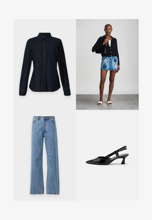 CLOSED SEAMING SHIRT - Overhemdblouse - dark blue; Lichtblauwe hoge taille straight-leg jeans met een voorknoop, rits en vijf-pocket ontwerp op een effen witte achtergrond.; Zwarte lakleren slingback kitten heel schoen met spitse neus en verstelbare gouden gespsluiting op een witte achtergrond.; Zwarte gebreide cardigan, witte top, denimrok met blauw en zwart ruitpatroon, zwarte handtas en beige instapsandalen.