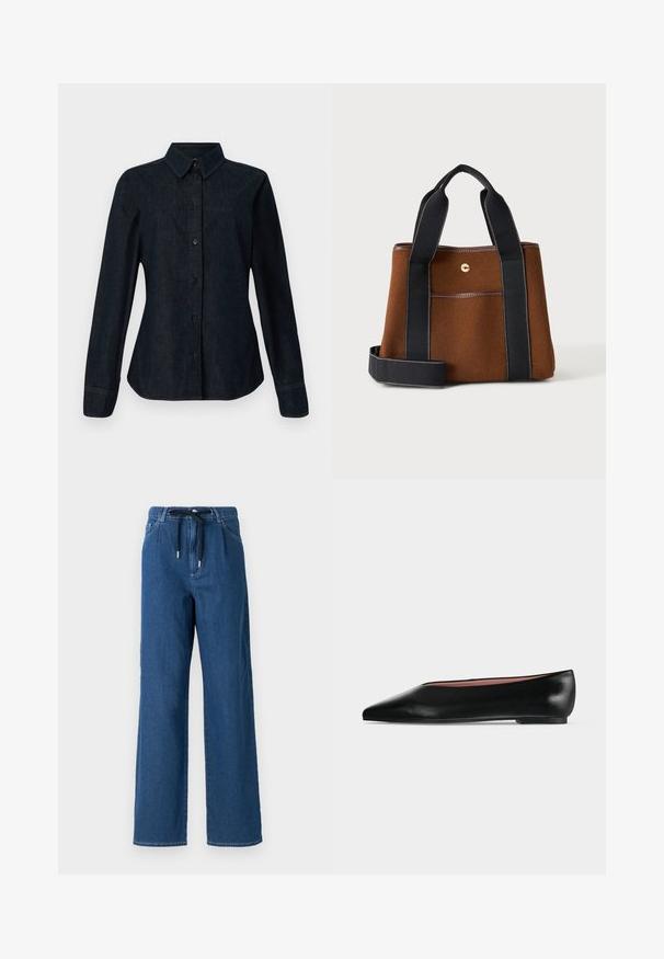 CLOSED SEAMING SHIRT - Blúzka so zapínaním na gombíky - dark blue; Široké tmavomodré denimové nohavice s pásom na šnúrku a prednými vreckami. Tkanina má hladkú textúru s jemnými švami.; Čierna kožená dámska balerína s špicatou špičkou a nízkym opätkom, zobrazená z boku na jednoliatom svetlosivom pozadí.; Hnedá filcová taška s čiernymi textilnými rukoväťami a ramenným popruhom, vybavená predným vreckom a malým zlatým gombíkom na zapínanie.