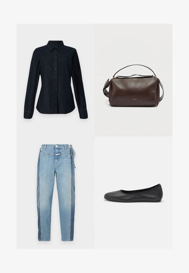 CLOSED SEAMING SHIRT - Blúzka so zapínaním na gombíky - dark blue; Svetlo modré denimové džínsy s kombináciou dvoch odtieňov, strihom s rovnými nohavicami a viazačkou v páse. Vyblednutá textúra a surový lem.; Čierne kožené baleríny s okrúhlou špičkou, hladkým povrchom, minimálnym prešívaním a flexibilným dizajnom podrážky.; Hnedá kožená kabelka na rameno so štruktúrovaným dizajnom, ozdobená zlatým logom, so zipsom na vrchu a odnímateľným popruhom. Hladká textúra.