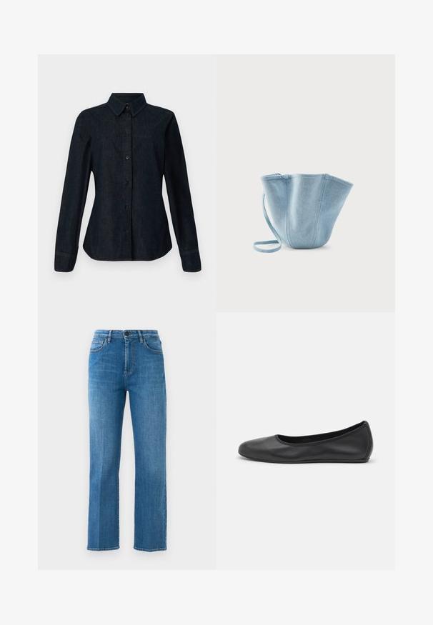 CLOSED SEAMING SHIRT - Hemdbluse - dark blue; Gerade geschnittene blaue Denim-Jeans mit Vordertaschen, Gürtelschlaufen, Reißverschluss und Knopfverschluss vor einem schlichten weißen Hintergrund.; Schwarze Leder-Ballettschuhe mit abgerundeter Spitze, glatter Textur, minimalen Nähdetails und einem flexiblen Sohlen-Design.; Hellblauer Stoff-Beuteltasche mit langem Riemen, weiter oberer Öffnung und genähten vertikalen Nähten, vor einem schlichten weißen Hintergrund abgebildet.