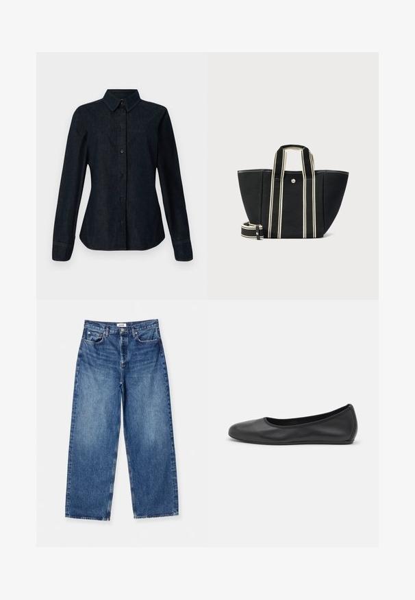 CLOSED SEAMING SHIRT - Chemisier - dark blue; Jean large bleu clair en denim, avec un design classique à cinq poches, des coutures visibles et une taille mi-haute.; Ballerines en cuir noir avec un bout rond, texture lisse, détails de couture minimalistes et design de semelle flexible.; Sac fourre-tout noir avec anses larges à rayures crème et bandoulière détachable, fermeture à bouton pression argenté, forme rectangulaire structurée.