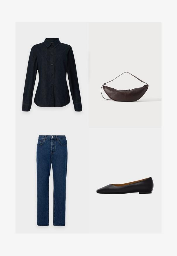 CLOSED SEAMING SHIRT - Skjortebluser - dark blue; Mørkeblå denimjeans med klassisk lige benudskæring, fem lommer og synlig syning. Stoffet har en let struktur.; Sort læder flad sko med spids tå, lav hæl og glat finish, vist fra siden på en lysegrå baggrund.; Mørkebrun læder skuldertaske i halvmåneform med buet rem og synlige syninger på ensfarvet baggrund.