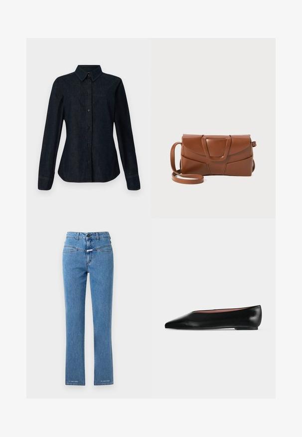 CLOSED SEAMING SHIRT - Skjortebluser - dark blue; Lysblå denimjeans med lige ben, høj talje og to forlommer. Har knaplukning og mærkegenkendelse nær kanten.; Sort damesko i læder med flad hæl og spids tå, vist fra siden på en ensfarvet lys grå baggrund.; Brun læder håndtaske med et elegant design, der har en struktureret klap, en fremtrædende lås og en justerbar skulderrem for alsidighed.
