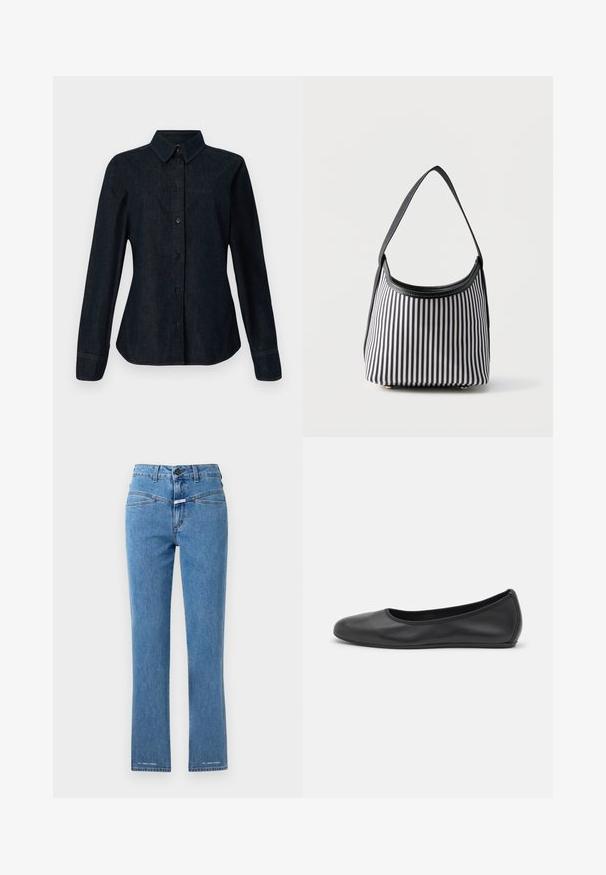 CLOSED SEAMING SHIRT - Hemdbluse - dark blue; Helle blaue Jeans aus Denim mit geradem Bein, hoher Taille und zwei Vordertaschen. Verfügt über einen Knopfverschluss und Markenakzente nahe dem Saum.; Schwarze Leder-Ballettschuhe mit abgerundeter Spitze, glatter Textur, minimalen Nähdetails und einem flexiblen Sohlen-Design.; Schwarz-weiß vertikal gestreifte Handtasche mit einem schwarzen Riemen und abgerundetem oberen Öffnung vor einfachem Hintergrund.