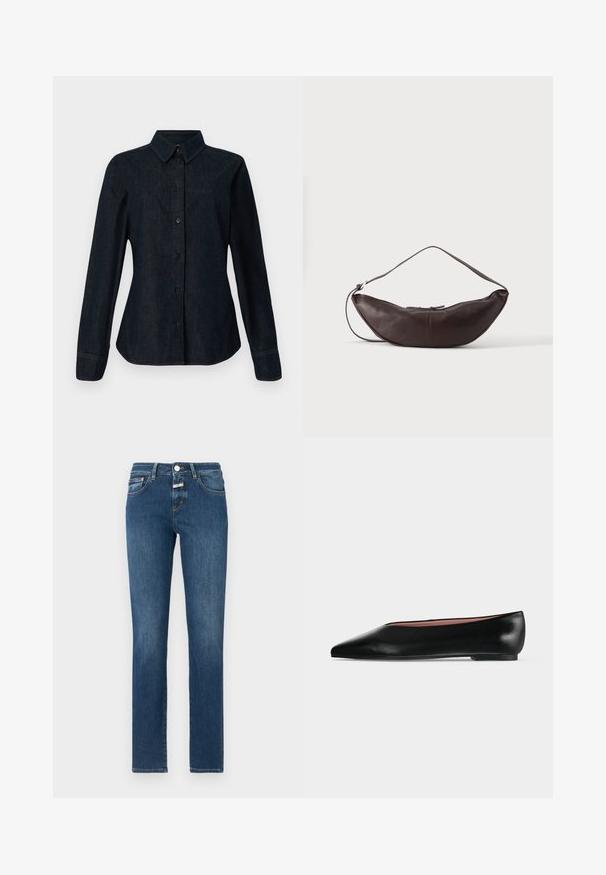 CLOSED SEAMING SHIRT - Blúzka so zapínaním na gombíky - dark blue; Tmavomodré džínsy so strihom rovného nohavicu, klasickým štýlom s piatimi vreckami a so zipsom a gombíkovým uzáverom. S oderkami na látke.; Čierna kožená dámska balerína s špicatou špičkou a nízkym opätkom, zobrazená z boku na jednoliatom svetlosivom pozadí.; Tmavohnedá kožená polmesiacová taška na rameno s oblúkovým pásikom a viditeľným prešitím na jednofarebnom pozadí.