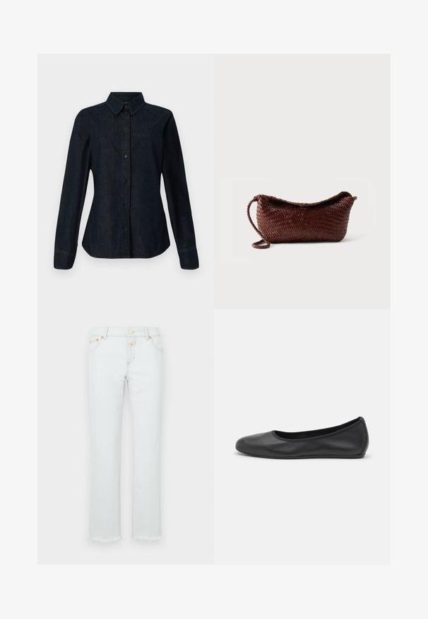 CLOSED SEAMING SHIRT - Overhemdblouse - dark blue; Lichtblauwe denim jeans met een rechte benen, voorzien van een rafelige zoom, koperen hardware en een vijf-pocket ontwerp.; Zwarte leren ballerina met een ronde neus, gladde textuur, minimale stikdetails en een flexibele zoolontwerp.; Bruine leren gevlochten tas met een enkele riem en een gebogen bovenkant tegen een effen witte achtergrond.