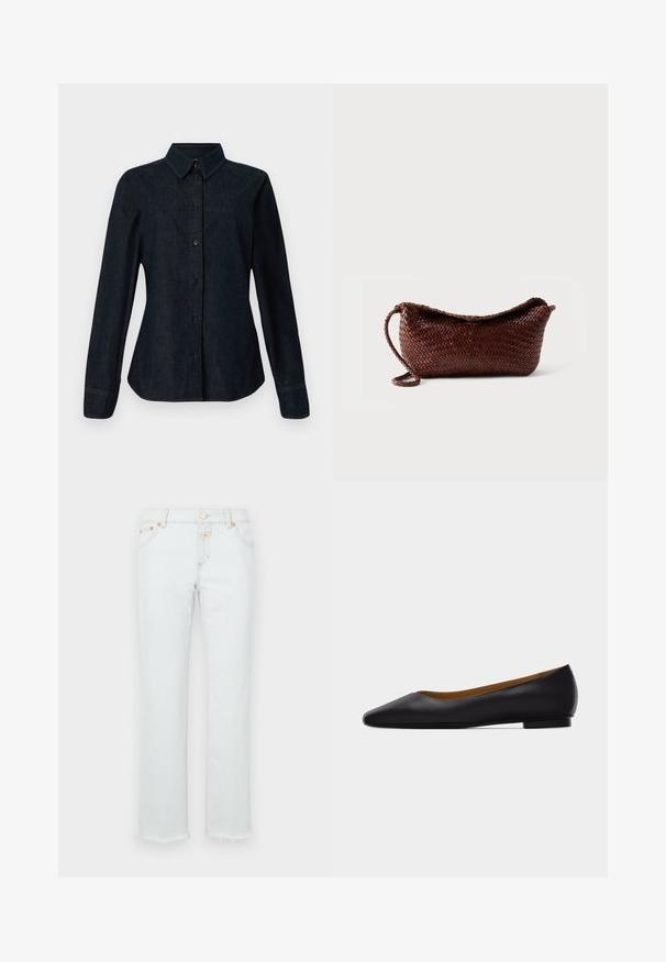 CLOSED SEAMING SHIRT - Skjortebluser - dark blue; Lyse denimbukser med lige ben, der har en frynset kant, kobberhardware og en fem-lomme design.; Sort læder flad sko med spids tå, lav hæl og glat finish, vist fra siden på en lysegrå baggrund.; Brun flettet lædertaske med en enkelt rem og buet top mod en ensfarvet hvid baggrund.