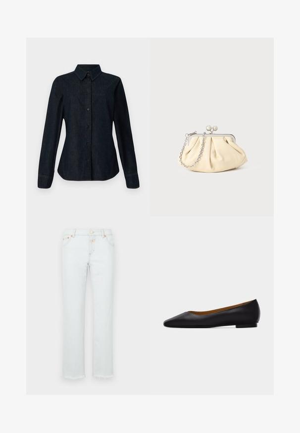 CLOSED SEAMING SHIRT - Skjortebluser - dark blue; Lyse denimbukser med lige ben, der har en frynset kant, kobberhardware og en fem-lomme design.; Sort læder flad sko med spids tå, lav hæl og glat finish, vist fra siden på en lysegrå baggrund.; Plisseret beige læderclutch med en sølvmetalramme, der har to runde dekorative låse og en sølvkædetrasporte.