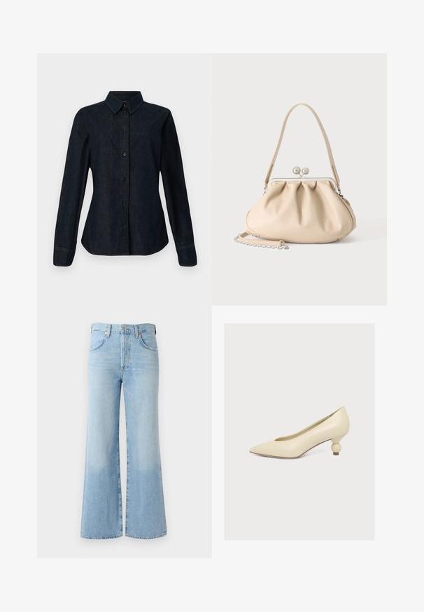 CLOSED SEAMING SHIRT - Overhemdblouse - dark blue; Lichtblauwe flared jeans van denim met een hoge taille, vijf zakken en subtiele vervaging bij de zoom. Voorzien van een standaard tailleband en knoopsluiting.; Crèmekleurige pumps met een puntige neus en een lage, unieke bolvormige hak op een effen witte achtergrond.; Beige zachte leren handtas met een zilveren metalen frame sluiting, een enkele schouderriem en een optionele kettingriem op een witte achtergrond.