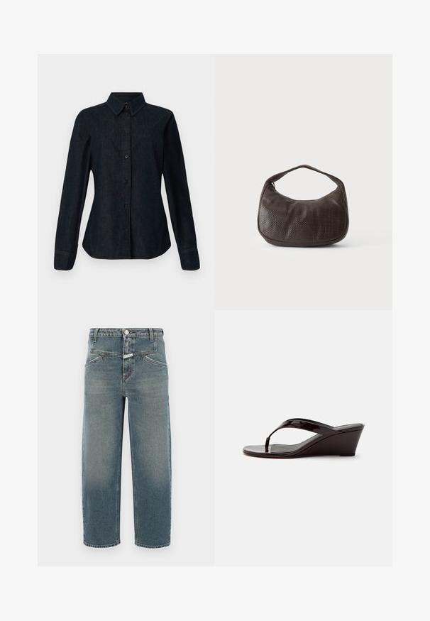 CLOSED SEAMING SHIRT - Skjortebluser - dark blue; CLOSED STOVER X - Jeans Tapered Fit - mid blue; Brun patentlæder kile-sandal med tåremme og åben tå, vist i sideprofil på en ensfarvet baggrund.; Lille mørkebrun tekstureret håndtaske med kort rem og afrundet bund på en ensfarvet lys baggrund.